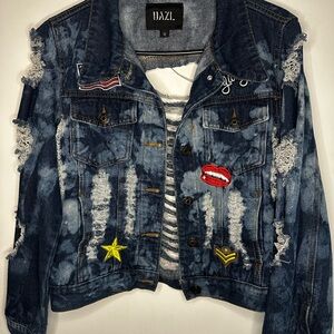Distressed Denim Jacket with Patches
